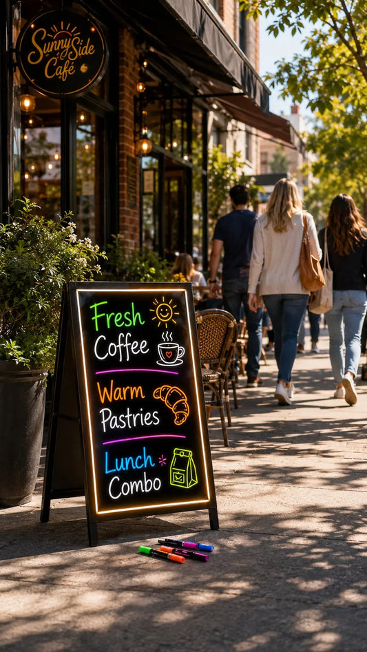 A-frame advertising sign next to LED writing board outside a restaurant entrance