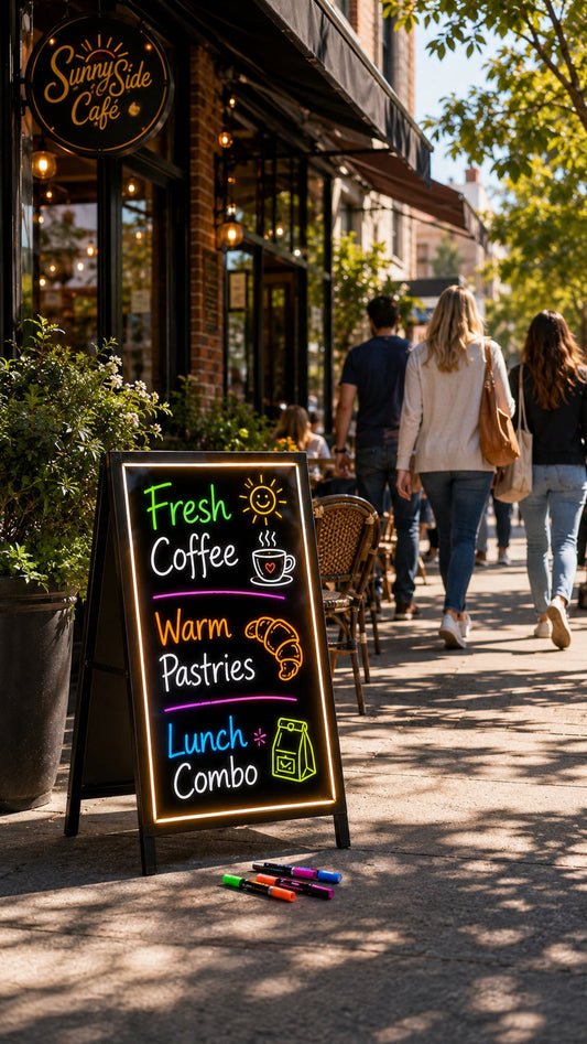 A-frame advertising sign next to LED writing board outside a restaurant entrance