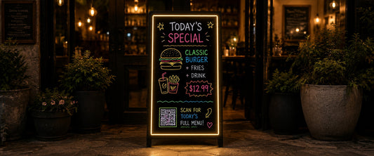  LED writing board outside a diner entrance displaying today's special at night