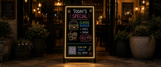  LED writing board outside a diner entrance displaying today's special at night