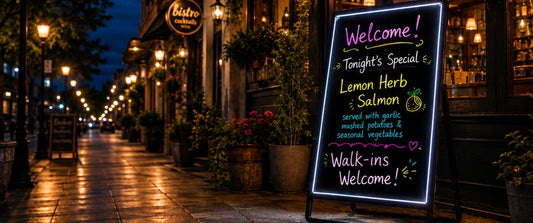 LED writing board showing today's specials sign for restaurant entrance
