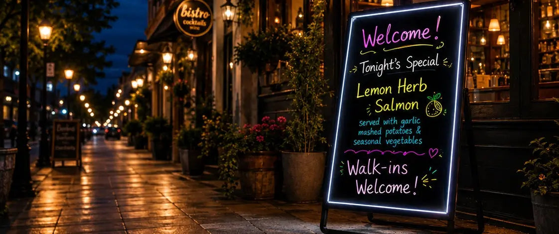 LED writing board showing today's specials sign for restaurant entrance