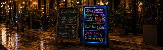 A-frame advertising sign next to LED writing board outside a restaurant entrance
