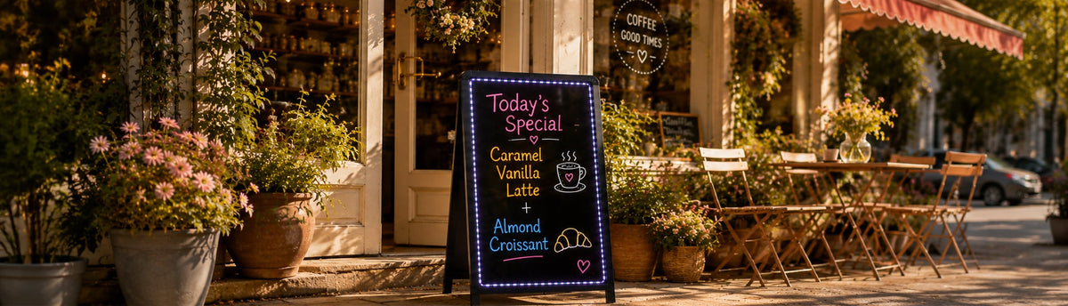 LED writing board outside cafe entrance with coffee shop sign ideas