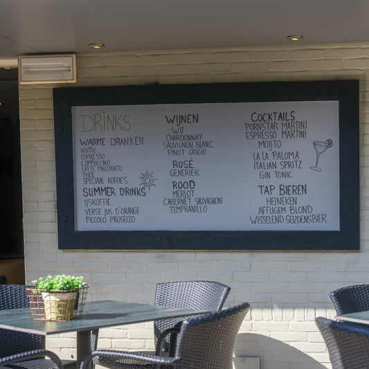 The image shows a menu board with drinks and food.